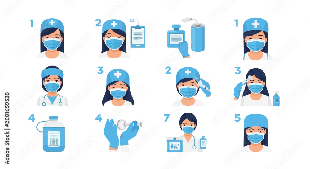 Fototapeta premium Isometric vector illustration showing healthcare workers demonstrating proper medical checkup procedures in a hospital setting, with a clean, minimalist design against a white background