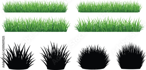 Green grass borders and black grass silhouettes collection isolated on white background for landscaping and design elements