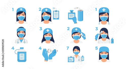 Isometric vector illustration showing healthcare workers demonstrating proper medical checkup procedures in a hospital setting, with a clean, minimalist design against a white background