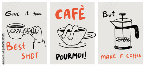 Hand drawn coffee posters. Breakfast la dolce vita doodle print design in chalk, crayon drawing style for invitations, menus, parties. Vector illustration Minimalist line art