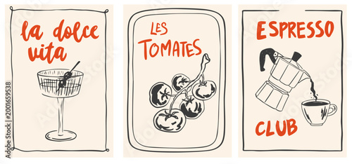 Hand drawn Italian Mediterranean posters. Dolce vita Italian style vacation. Amalfi Sicily holidays elements coffee, cocktail tomato. Vector illustration for poster, placard, postcard prints