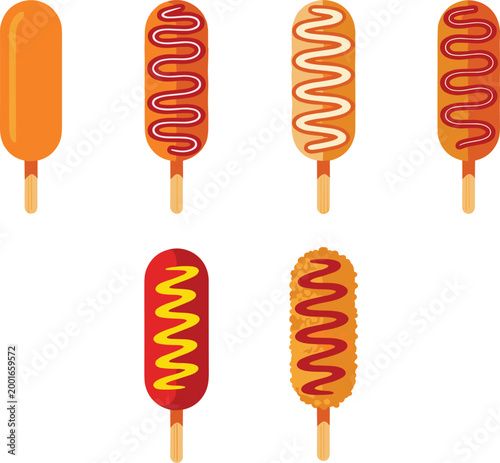 Set of colorful corn dogs on sticks with various sauce drizzle toppings isolated on white background flat style vector illustration
