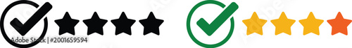 Approval indicator icon set, vector comparison of checkmarks and star ratings in black and green for rating system validation and user feedback graphics.