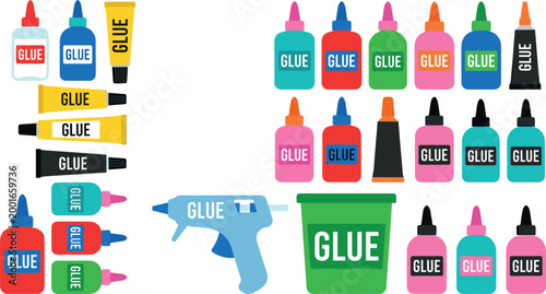 Comprehensive collection of school and office glue illustrations featuring liquid bottles, squeeze tubes, a hot glue gun, and large containers isolated on white.