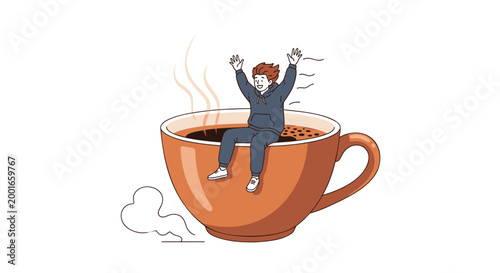 Cartoon businessman in coffee cup, caffeine overload concept, vector illustration, office humor