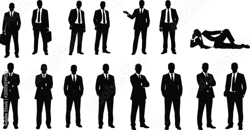 Set of Professional Businessman Silhouettes in Formal Suits Posing Carrying Briefcase Standing and Laying Down Isolated on White Background for Design