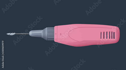 A medical drill, a pink and gray tool with a drill bit, against a dark teal backdrop