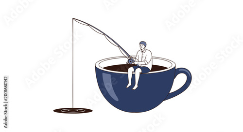 vector, illustration, man sitting in coffee cup, fishing, surreal scene