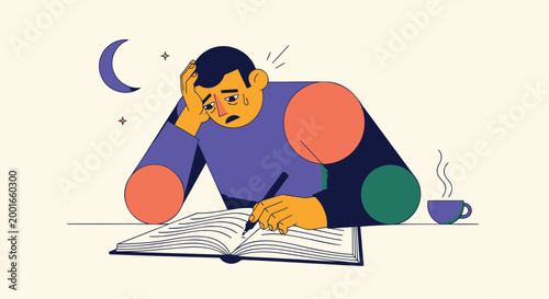 Study, boredom, man reading book, night, vector illustration, education, learning