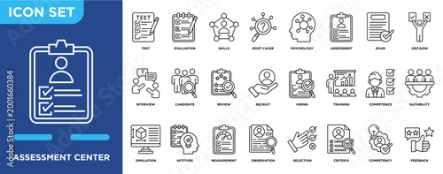 Assessment center  outline icon set featuring test, evaluation, skills,review, and selection.  Simple line vector.