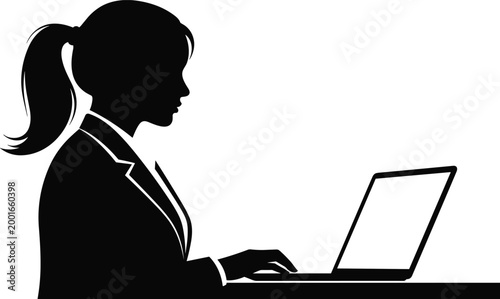 Professional Businesswoman Silhouette Working on Laptop Computer at Desk for Corporate Office Technology, Remote Work, Freelance Career, and Digital Productivity Success