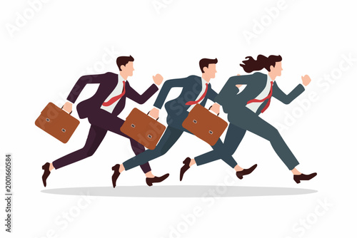 Business people running with briefcases, fast-paced corporate