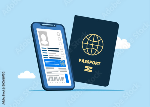 Smartphone with online website for booking airline tickets and purchasing travel. Electronic identity card. Flat vector illustration