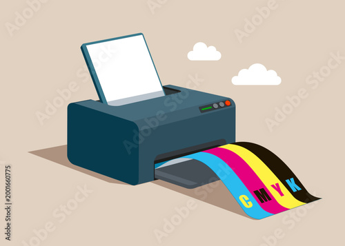 Jet printer with paper CMYK colors. Copier and scan machine. Flat vector illustration