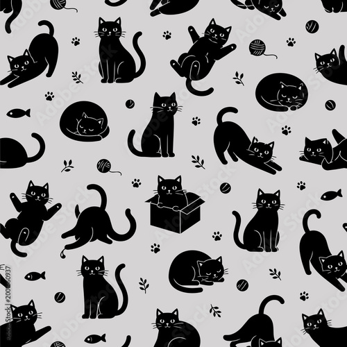 Modern Geometric Cat Poses Pattern - Elegant Monochrome Pet Illustration for Phone Cases and Bags