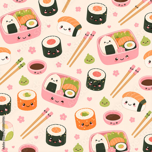 Adorable Sushi Roll and Bento Box Pattern for Kids, Stationery, and Foodies