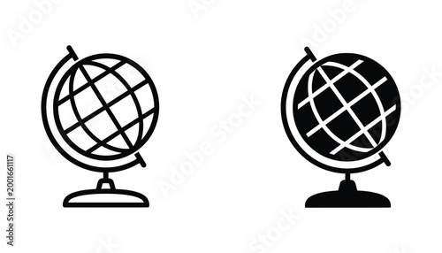 World globe icon set on stand in outline and solid black styles for global communication and travel concept graphics