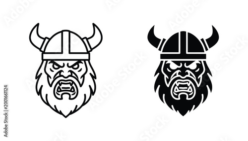 Viking warrior head icon set with horned helmet and beard in outline and solid black styles for gaming and sports logo design