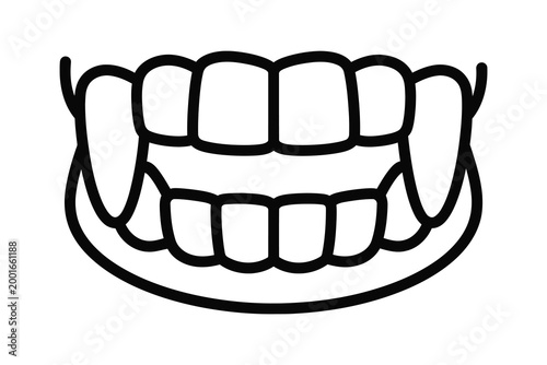 Simple black and white line drawing of human teeth with braces illustration isolated