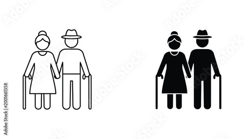 Elderly couple holding hands with canes icon set in outline and solid black for senior care and retirement community branding