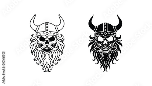 Viking warrior skull icon wearing horned helmet with detailed beard in vector line and solid black styles for historical fantasy or bold brand identity
