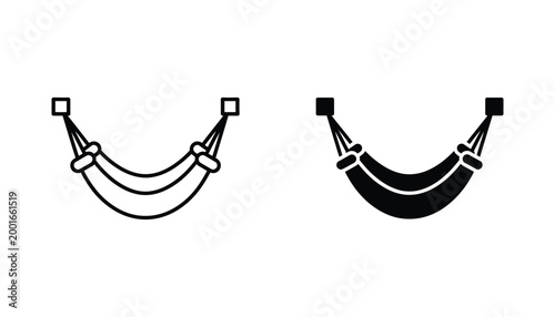 Hammock icon set for camping and relaxation lifestyle in line and solid black vector styles for outdoor branding