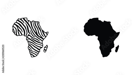 Africa continent map silhouette with zebra stripe pattern design and solid black icon variation for creative graphic projects and travel concept illustrations