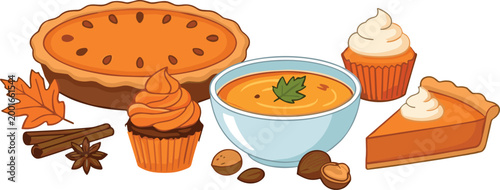Delicious autumn harvest food collection featuring a whole pumpkin pie, soup bowl, cupcakes, a pie slice, and seasonal spices isolated on a white background.