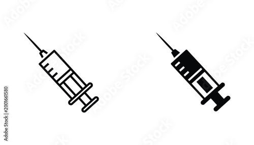 Medical syringe icon set for vaccinations and healthcare procedures in line and solid black vector styles