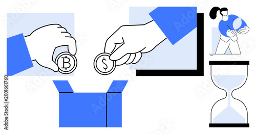 Cryptocurrency exchange, global investments, financial planning, savings management, time value of money, and charity contributions. Hands with coins, a box a globe and an hourglass. Cryptocurrency