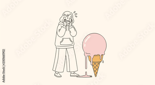 Sad girl, crying, ice cream cone, melted pink icecream, vector illustration