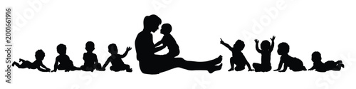 Female nurse playing with group babies on the floor in orphanage black silhouette flat vector silhouette.