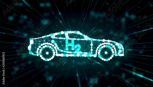 Inside a hydrogen fuel cell engine with glowing blue energy flow and H2 molecule symbol representing clean power generation
