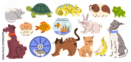 Set of various domestic pets with dogs, cats, hamster, chameleon, rabbit, turtle, lizard, parrot and fish. Cute animal characters in cartoon doodle style