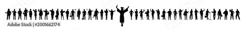 Female student wearing graduation cap and gown as fresh gradute of college raised hands standing in front of group people with various jobs or occupations flat vector silhouettes on white background.