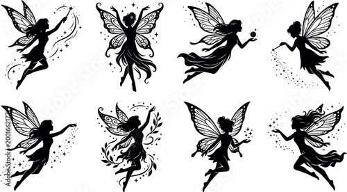 Elegant collection of eight fairy silhouettes featuring graceful magical creatures with intricate wings, sparkling dust, and enchanting poses isolated on a white background.