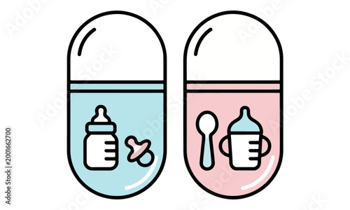 Baby Care Icons in Blue and Pink Capsule Shape Illustration