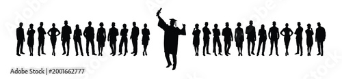 Graduate man wearing gown holding diploma standing in front of group business professional people in suit black silhouettes vector illustration.
