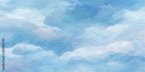 Whispy cloudscape, painted with soft brushstrokes in hues of blue and white, invokes a sense of serenity and vastness. A sky painted with abstract watercolor.