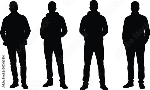 Silhouette of four men standing in various casual poses wearing jackets and hoodies, isolated on white background for commercial design.
