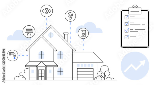 Smart living, home automation, energy efficiency, smart devices, IoT technology, modern housing. House with technology icons and a checklist. Smart living and home automation concept