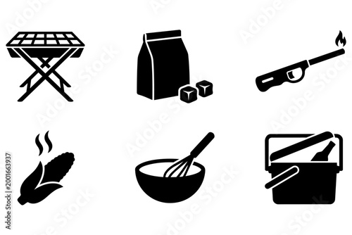 Barbecue and picnic icon set with grill, charcoal, and food