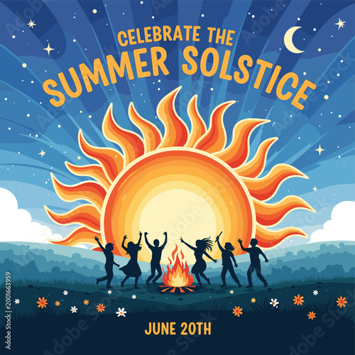 Tableau sur toile Celebrate the Summer Solstice with a vibrant illustration of people dancing around a bonfire under a starry sky with a large sun