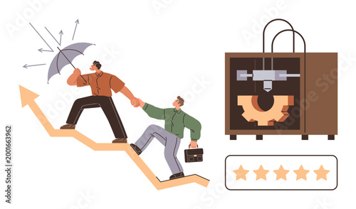 Business success, teamwork, innovation, 3D printing, risk management, customer satisfaction. Two individuals climbing an upward trend line. Teamwork and innovation with 3D printing and collaboration