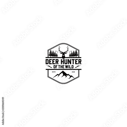 Deer hunter logo in vintage outdoor badge style.