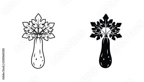 Fresh zucchini vegetable with leaves silhouette and line art icon for organic food and agriculture graphic design