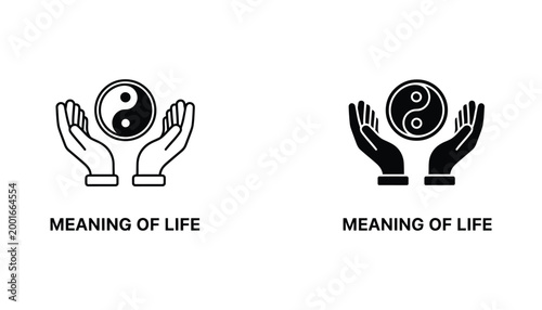 Meaning of life concept icon with yin yang symbol held in human hands representing balance and harmony in both linear and solid glyph styles for spiritual and philosophical graphic design projects