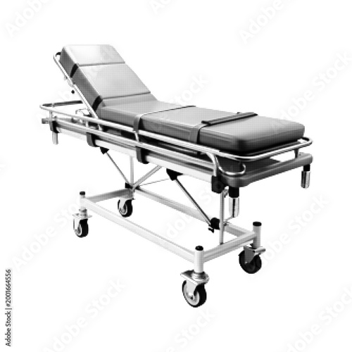Medical stretcher halftone vector illustration. Retro pop art dotted stipple icon of hospital gurney or ambulance trolley for healthcare and emergency design isolated on white background.