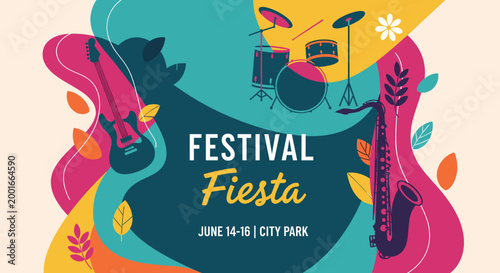 Фотография Vibrant Festival Fiesta poster featuring musical instruments like a guitar, saxophone, and drums, with abstract colorful shapes and floral elements, announcing an event in City Park