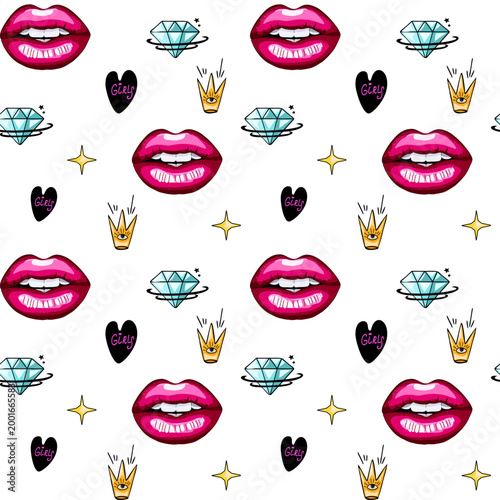 Pop art girly lips diamonds crown seamless pattern design